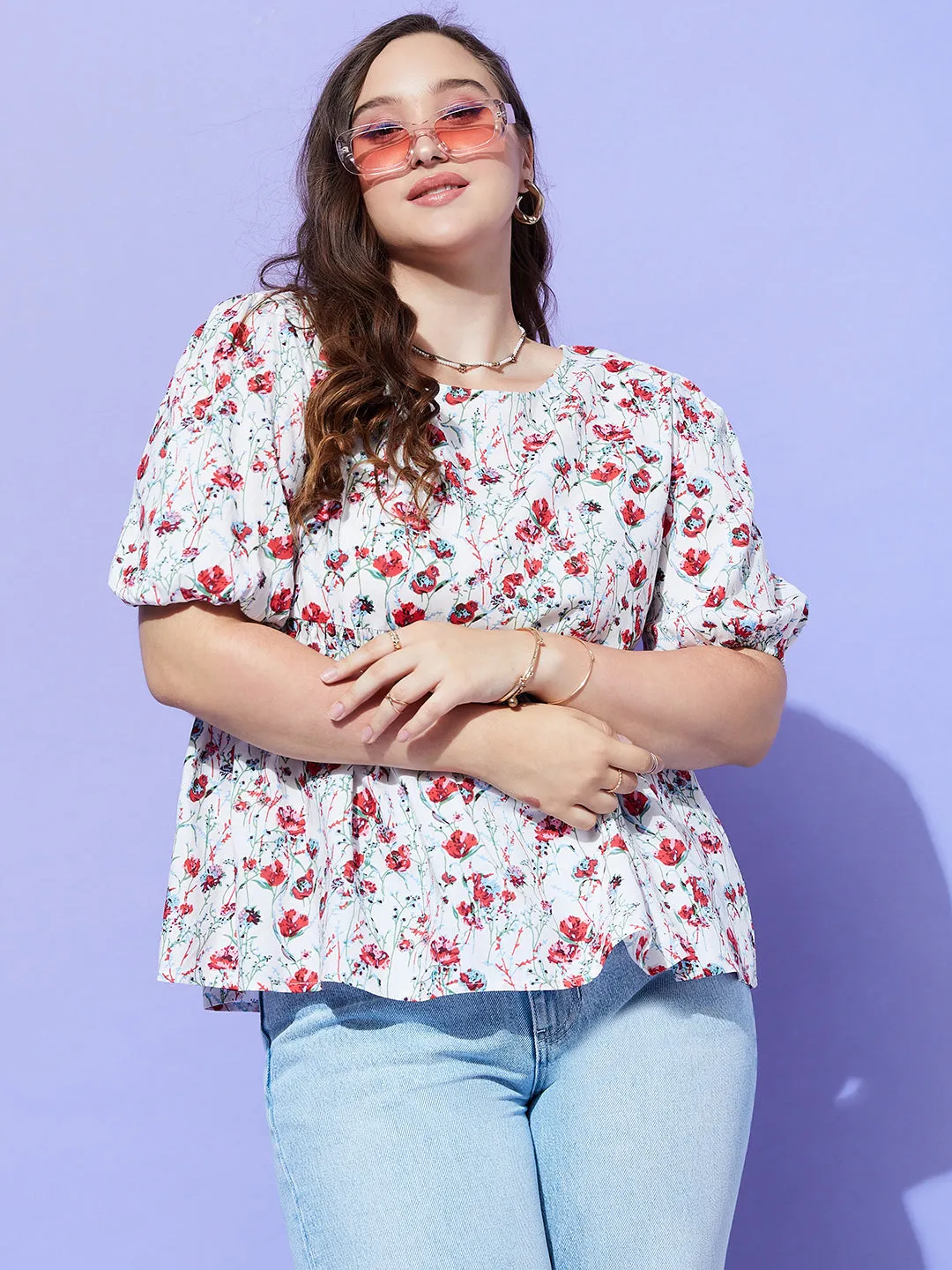 Berrylush Women Plus Size White & Red Floral Printed Round Neck Button-Up Crepe Pleated Regular Top