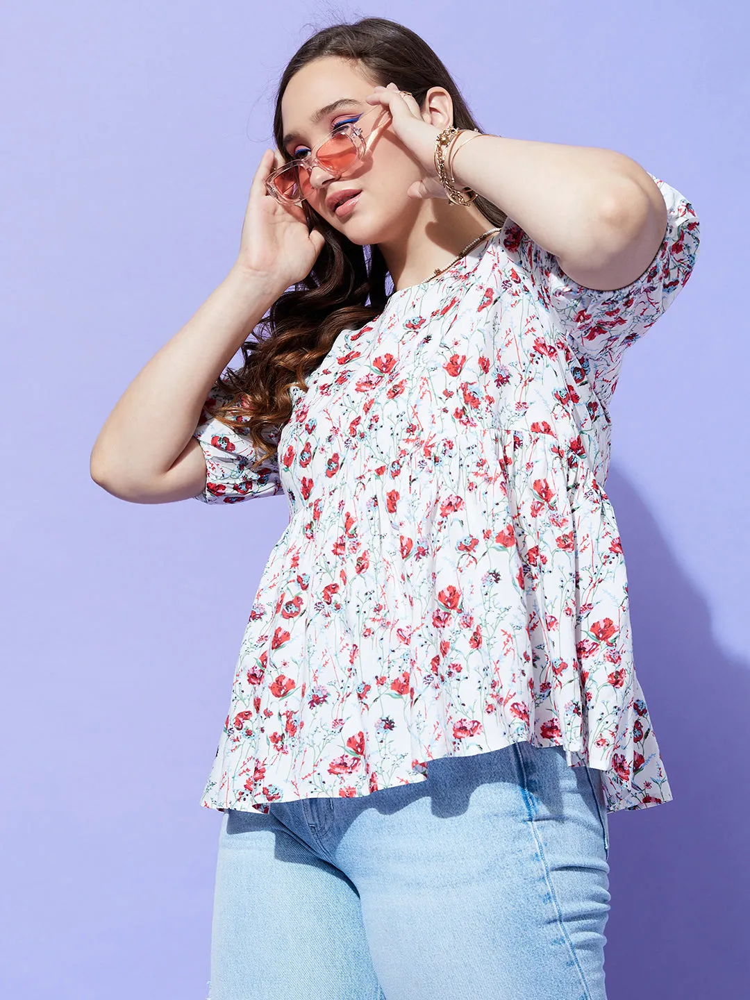 Berrylush Women Plus Size White & Red Floral Printed Round Neck Button-Up Crepe Pleated Regular Top