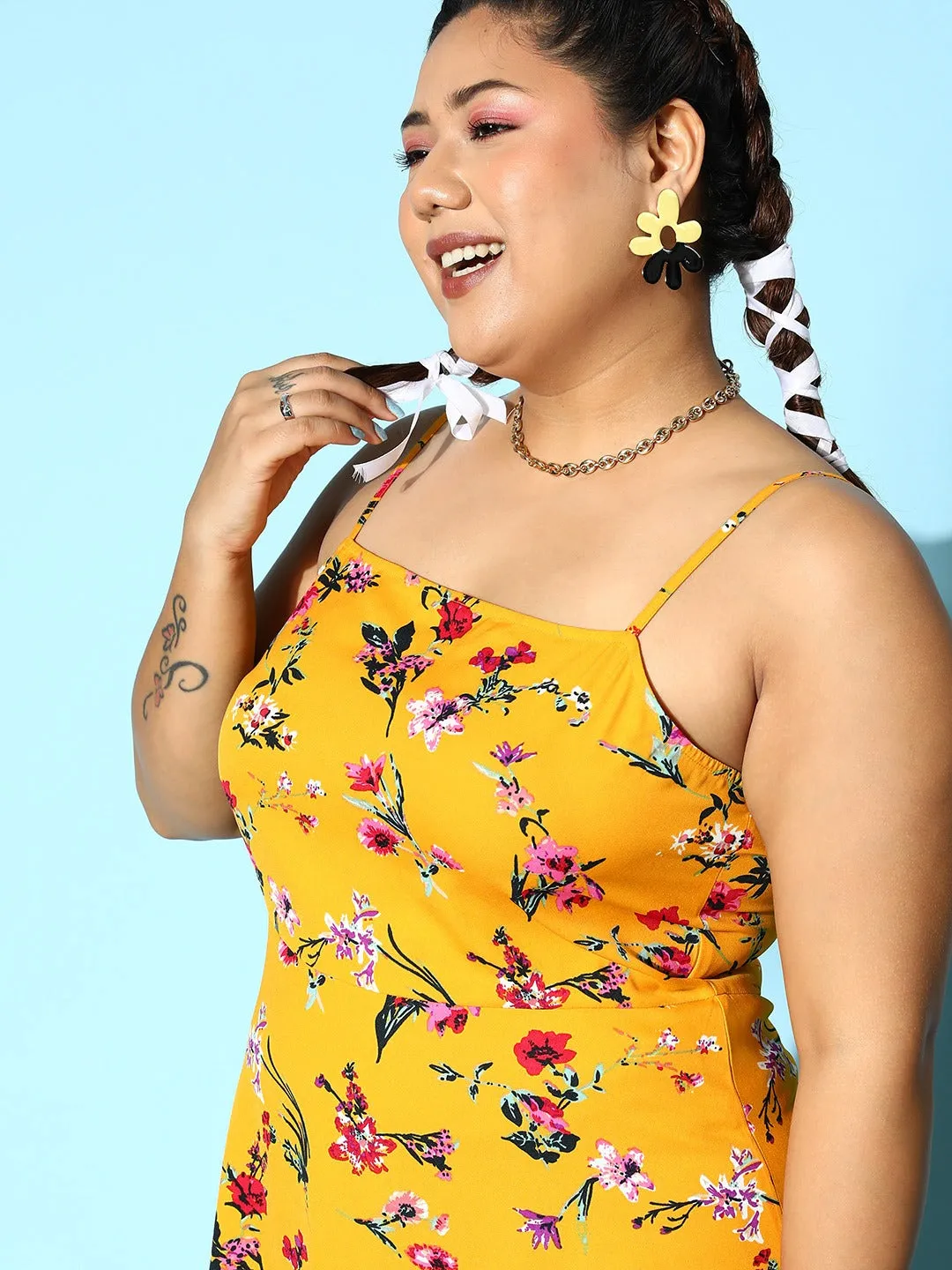 Berrylush Women Plus Size Yellow & Pink Floral Printed Square Neck Sleeveless Flared A-Line Mini Dress