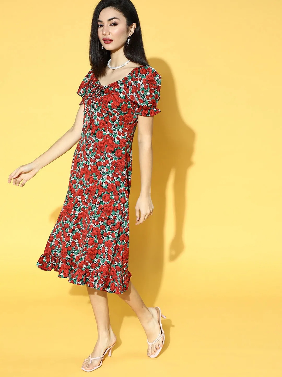 Berrylush Women Red & Green Floral Printed Crepe A-Line Midi Dress