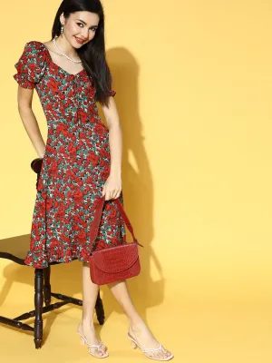 Berrylush Women Red & Green Floral Printed Crepe A-Line Midi Dress