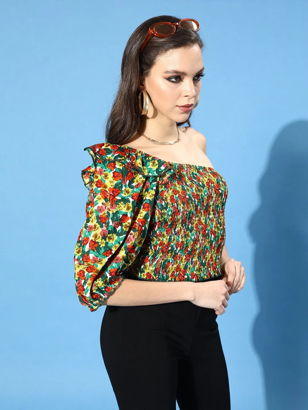 Berrylush Women Red & Green Floral Printed One-Shoulder Ruffled Bohemian Top