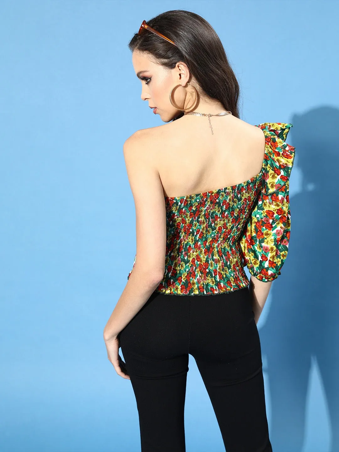 Berrylush Women Red & Green Floral Printed One-Shoulder Ruffled Bohemian Top