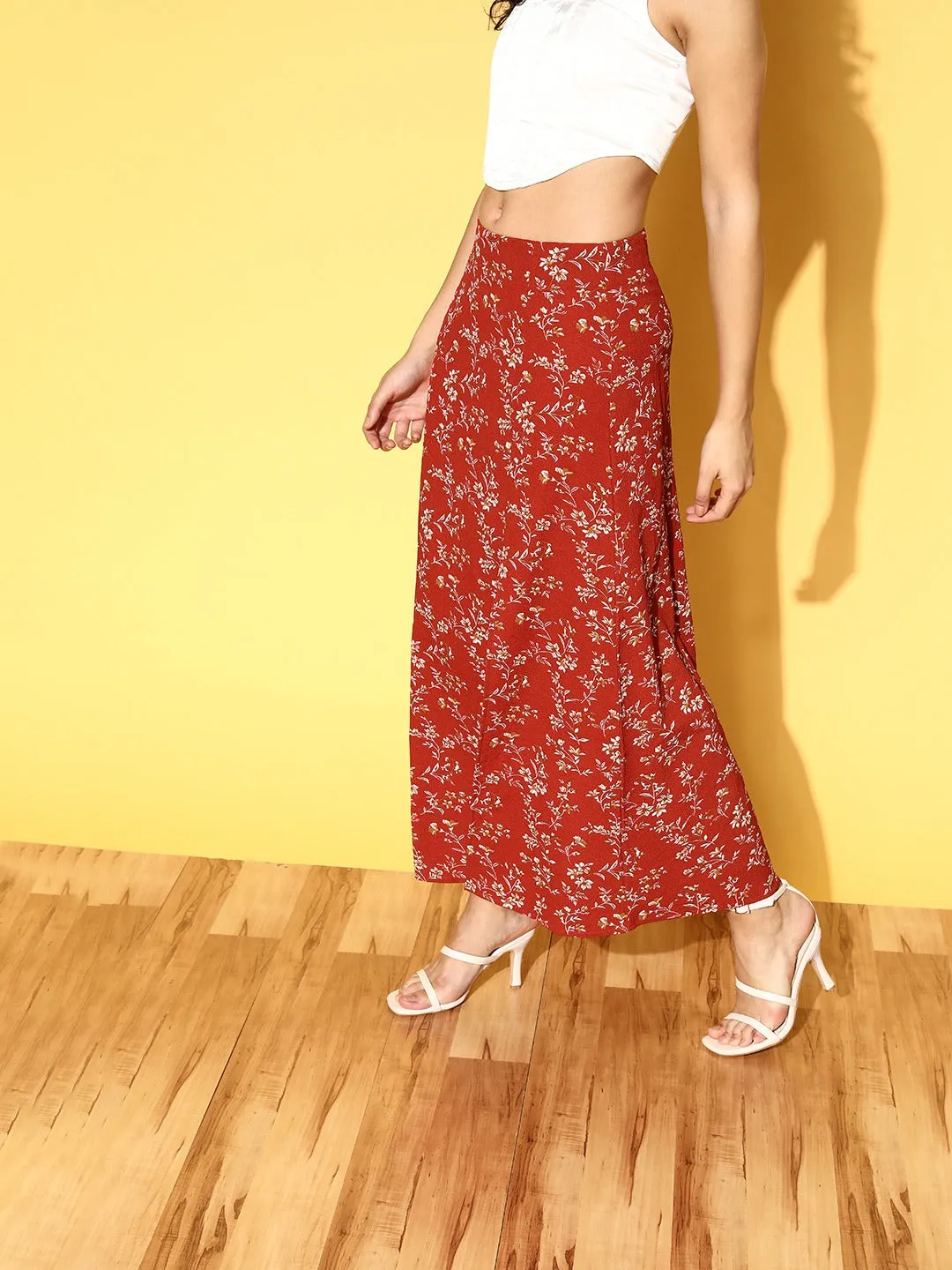 Berrylush Women Red & White Floral Printed High-Rise Waist Side-Slit Flared A-Line Maxi Skirt