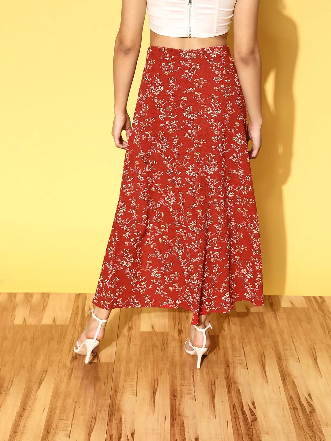 Berrylush Women Red & White Floral Printed High-Rise Waist Side-Slit Flared A-Line Maxi Skirt