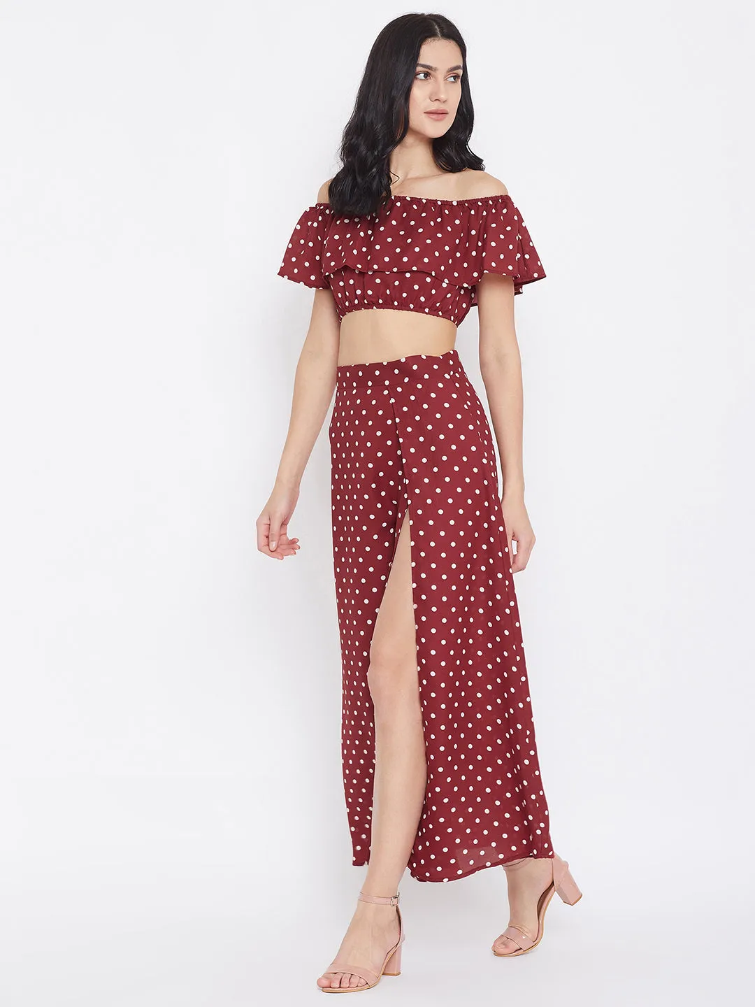 Berrylush Women Red Polka Dot Printed Off-Shoulder Co-Ord Maxi Dress