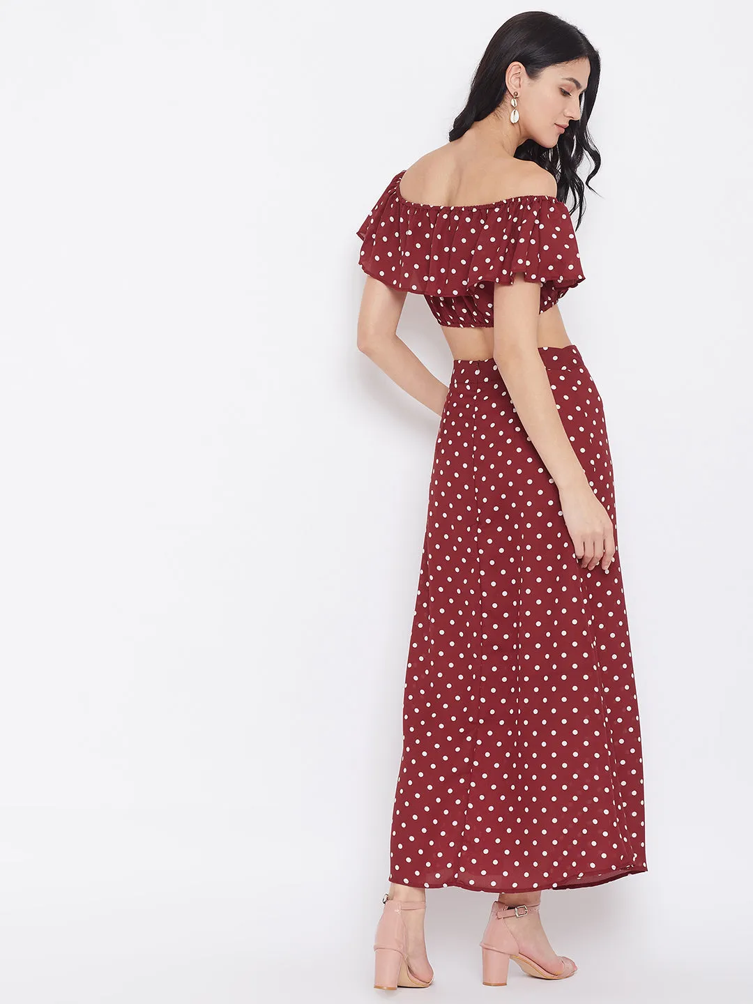 Berrylush Women Red Polka Dot Printed Off-Shoulder Co-Ord Maxi Dress