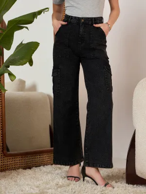 Berrylush Women Solid Black High-Rise Waist Six-Pocket Cotton Straight-Fit Knitted Regular Jeans