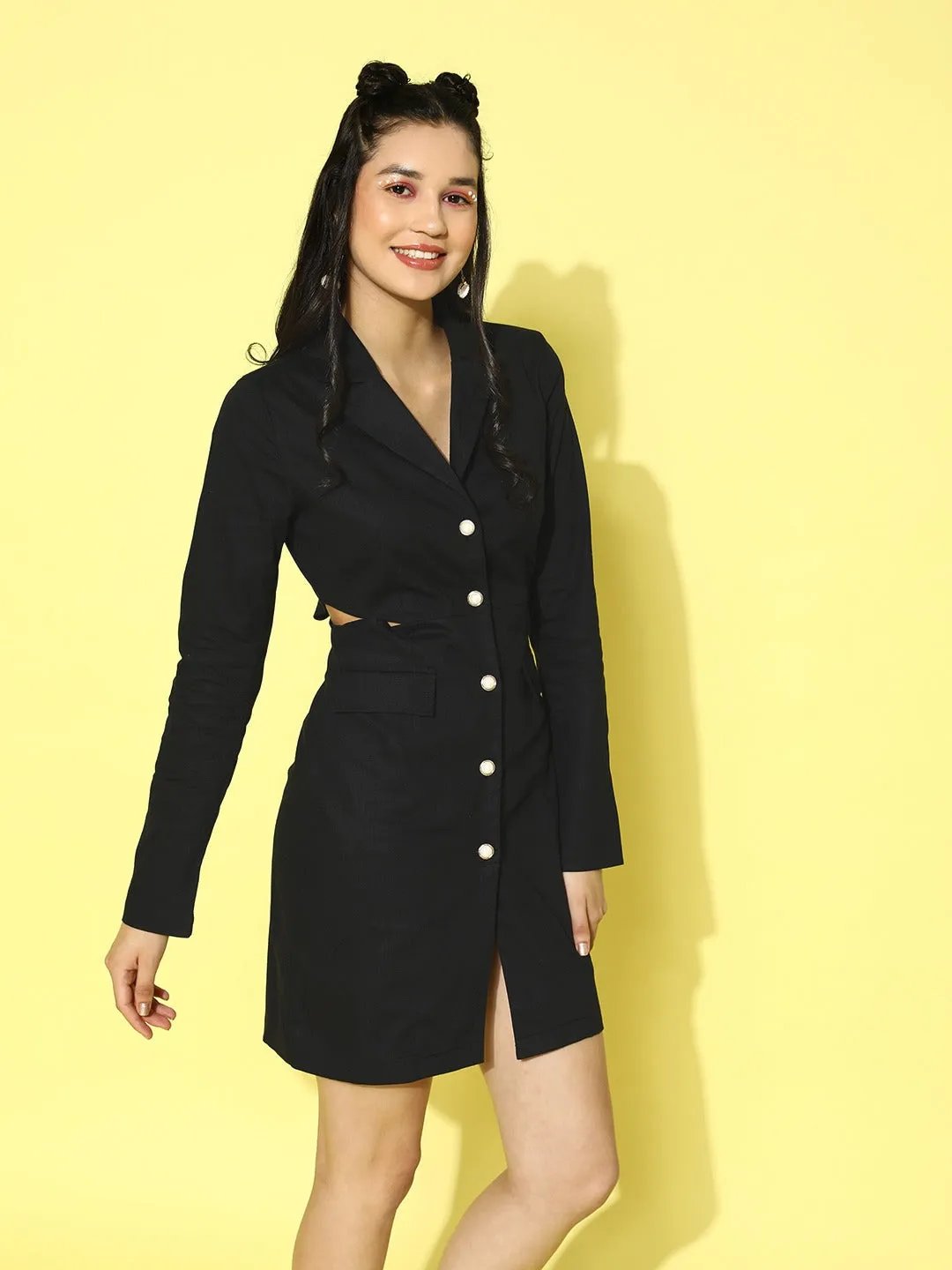 Berrylush Women Solid Black V-Neck Cutout Cotton Straight Hem Mini Blazer Dress