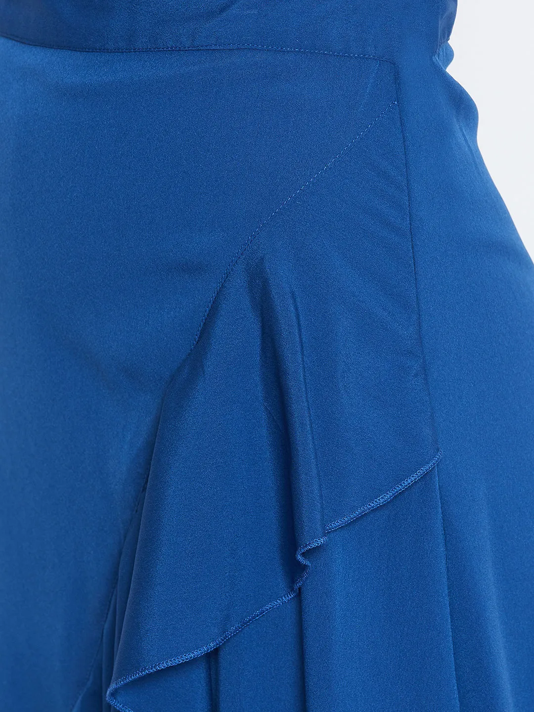 Berrylush Women Solid Blue Asymmetrical Hem Crepe Ruffled Wrap Midi Skirt