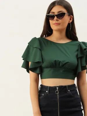 Berrylush Women Solid Green Flutter Sleeves Blouson Top