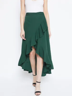 Berrylush Women Solid Green High-Low Ruffled Wrap Midi Skirt