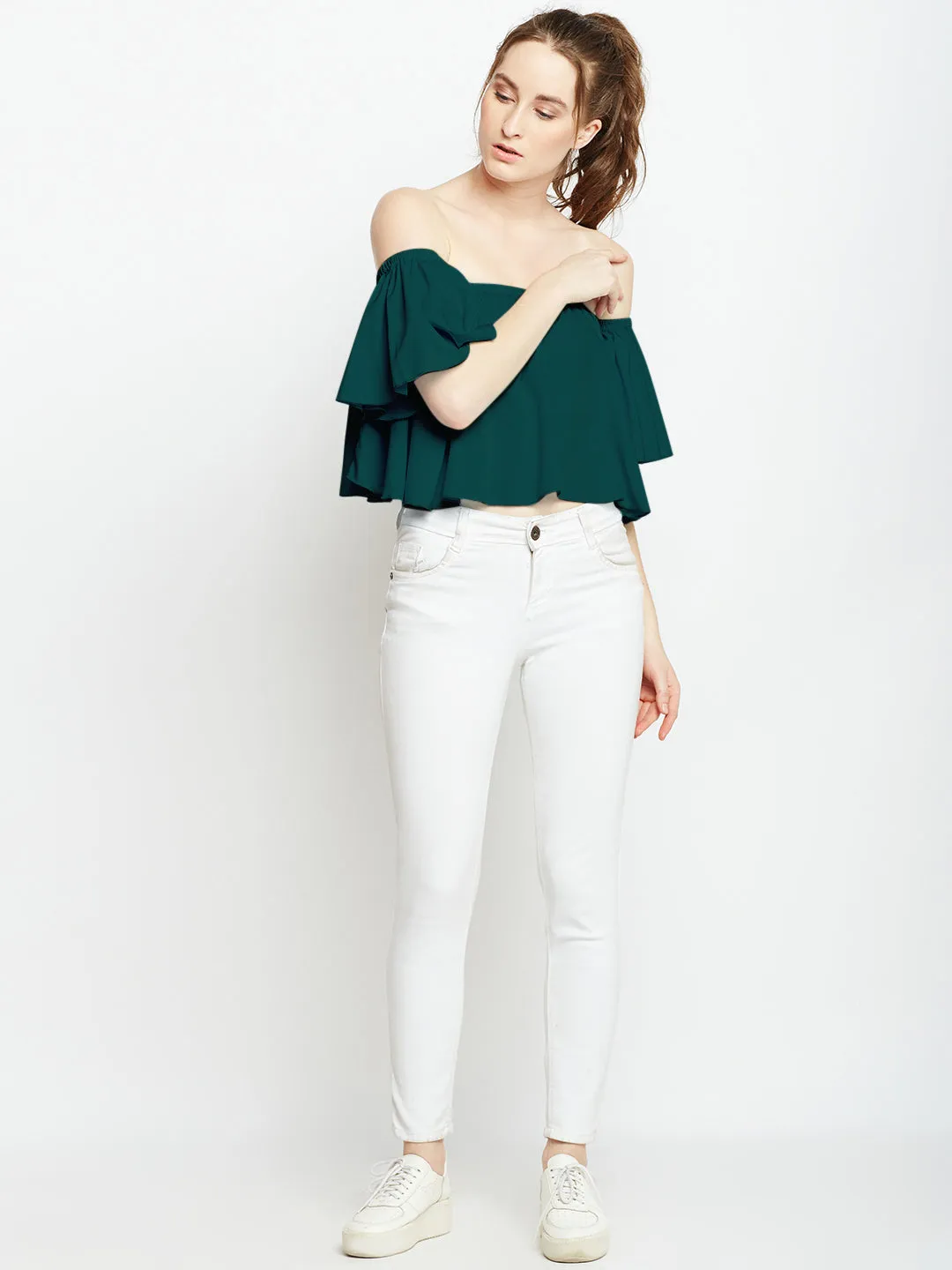 Berrylush Women Solid Green Off-Shoulder Neck Ruffled Crop Blouson Top