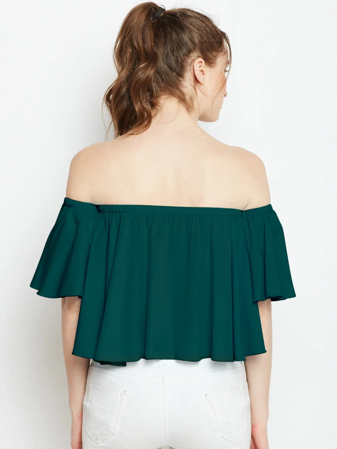 Berrylush Women Solid Green Off-Shoulder Neck Ruffled Crop Blouson Top