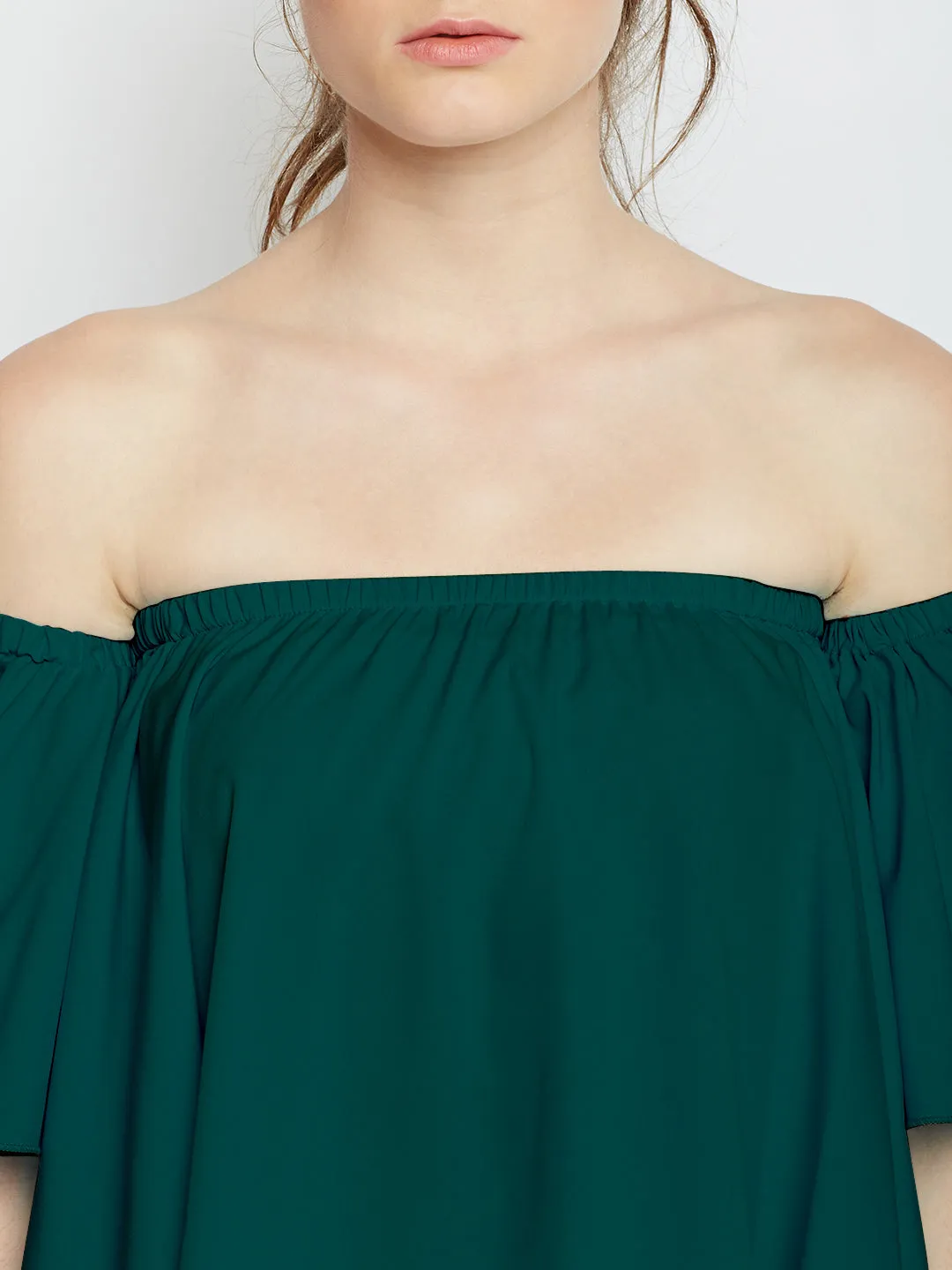 Berrylush Women Solid Green Off-Shoulder Neck Ruffled Crop Blouson Top