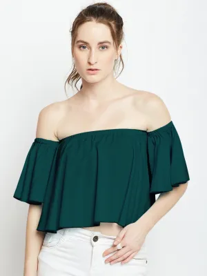 Berrylush Women Solid Green Off-Shoulder Neck Ruffled Crop Blouson Top