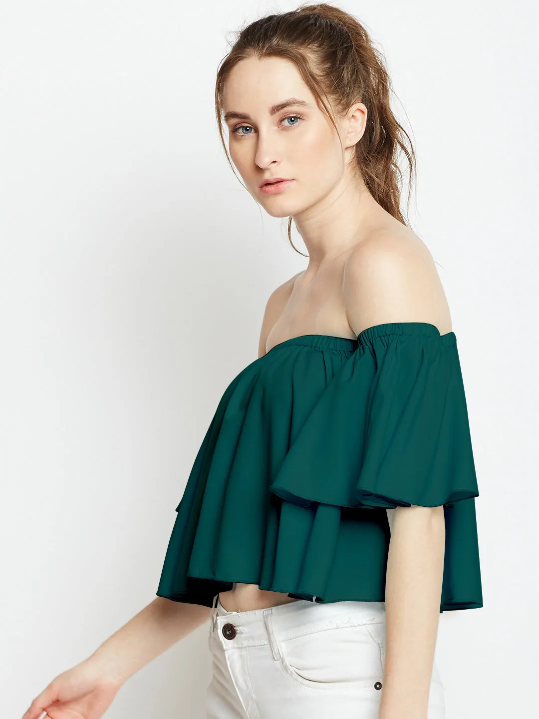 Berrylush Women Solid Green Off-Shoulder Neck Ruffled Crop Blouson Top