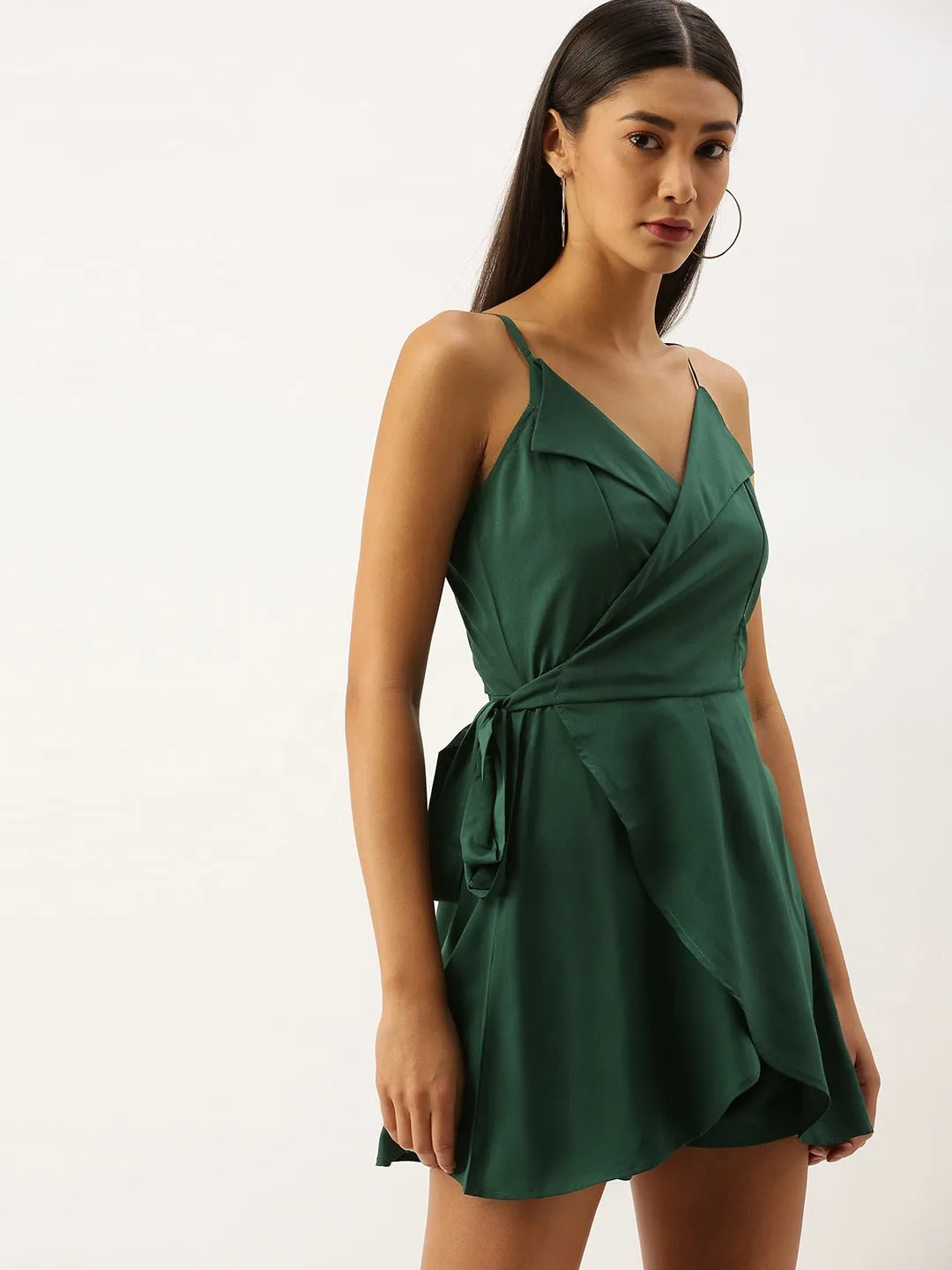 Berrylush Women Solid Green Ruffle Side Knot Cami Wrap Jumpsuit