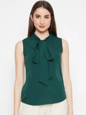 Berrylush Women Solid Green Sleeveless Front Tie-Knot Top