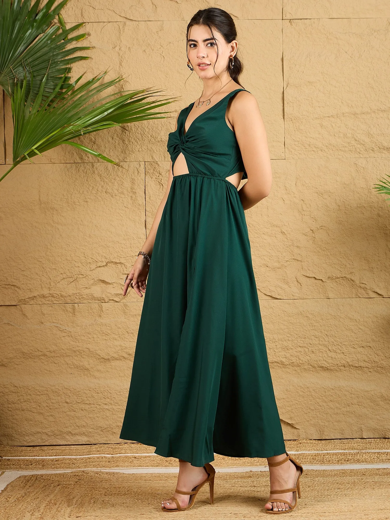 Berrylush Women Solid Green V-Neck Sleeveless Front & Back Cutout Tie-Up Thigh-High Slit Twisted A-Line Maxi Dress