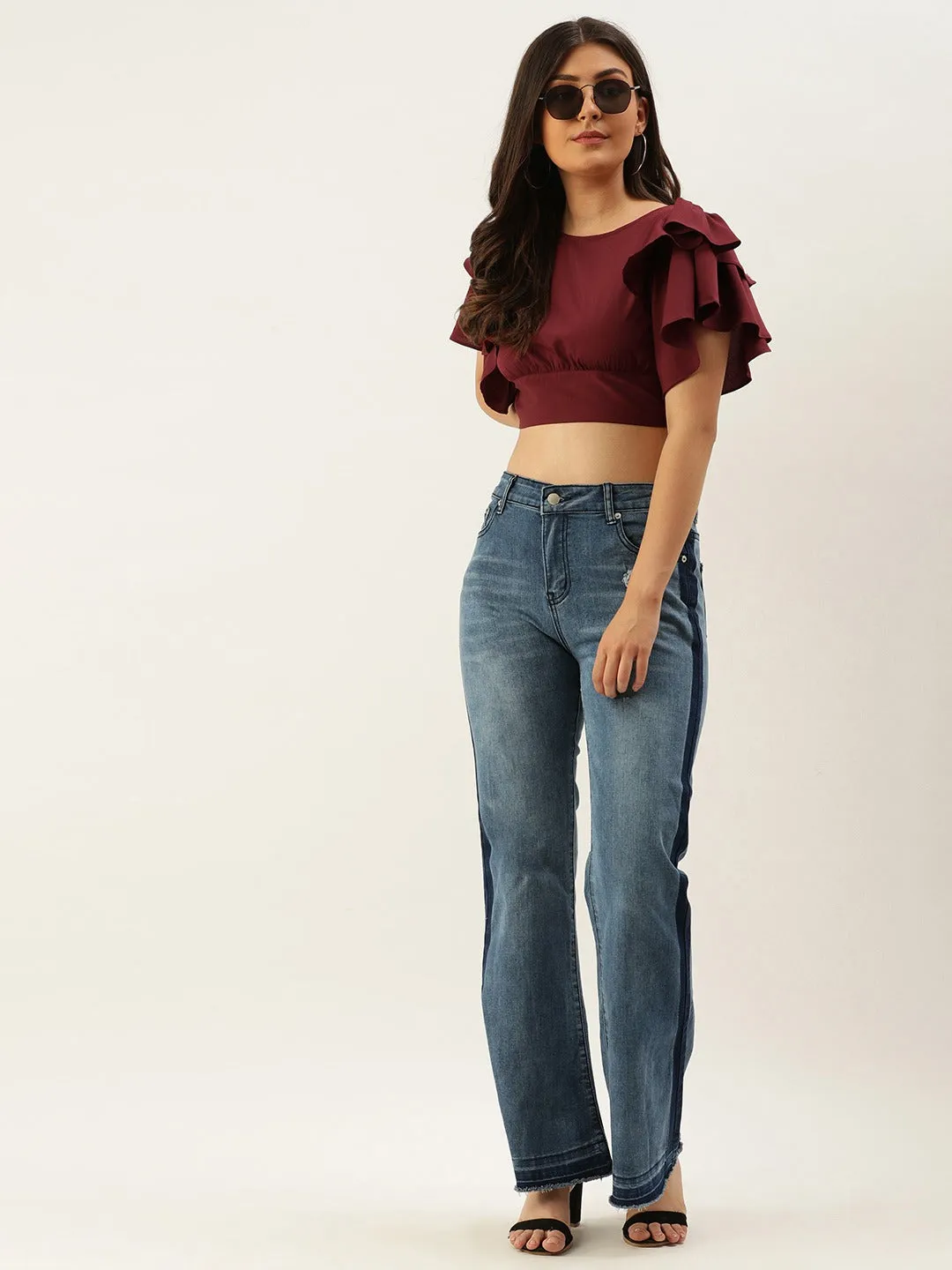 Berrylush Women Solid Maroon Flutter Sleeves Blouson Top