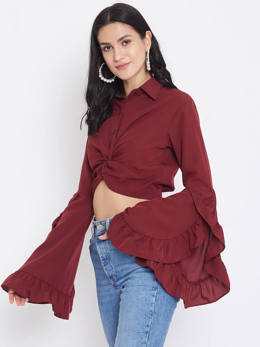 Berrylush Women Solid Maroon Shirt Collar Frilled Sleeves Crop Top