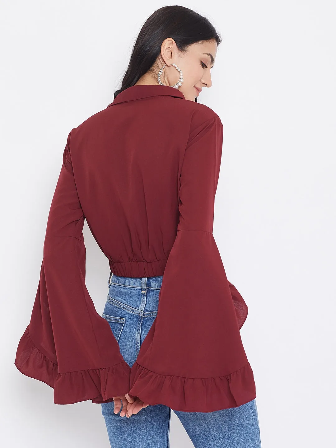 Berrylush Women Solid Maroon Shirt Collar Frilled Sleeves Crop Top