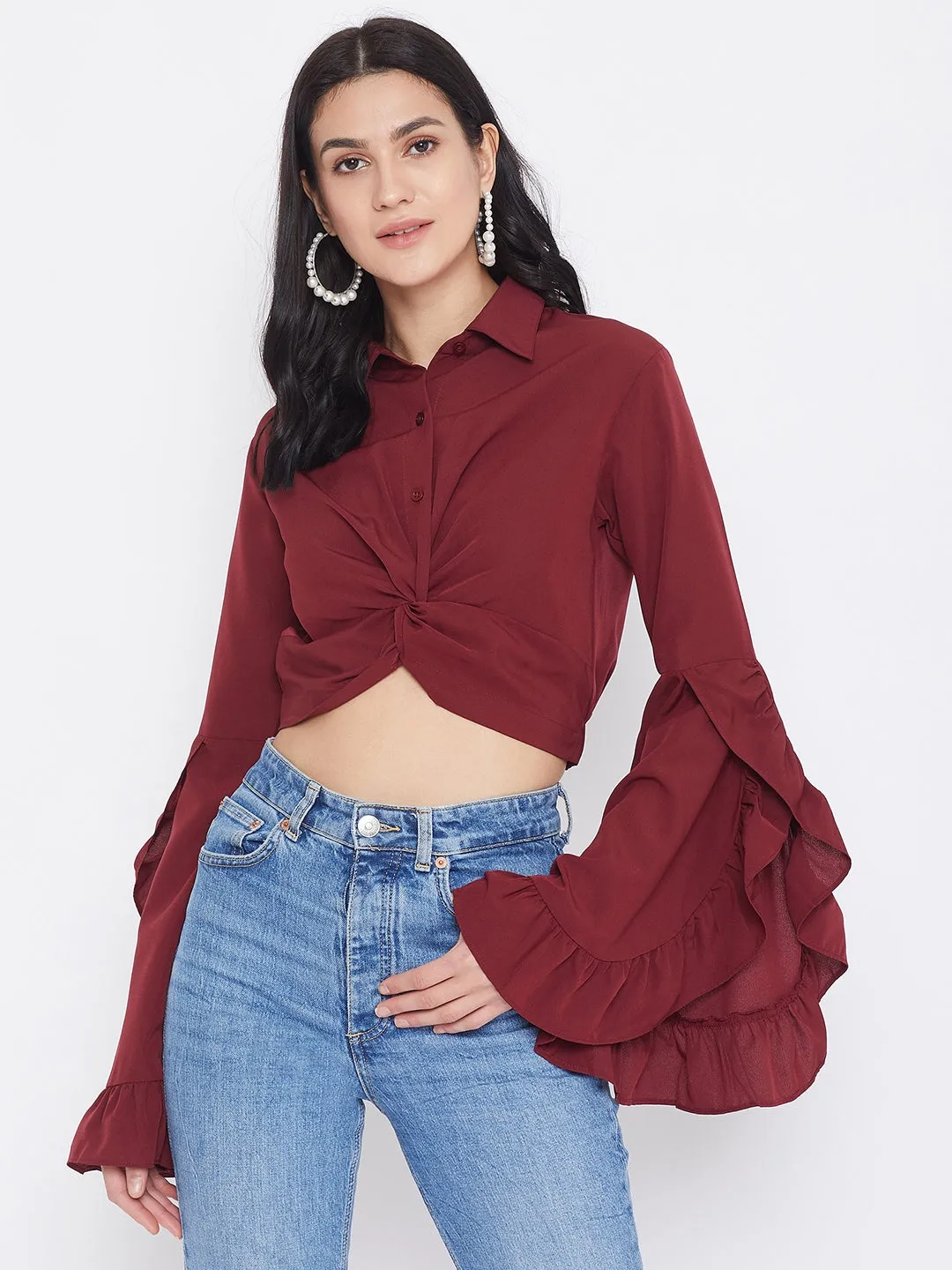 Berrylush Women Solid Maroon Shirt Collar Frilled Sleeves Crop Top