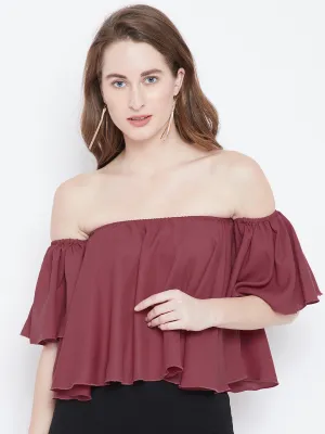 Berrylush Women Solid Mauve Off-Shoulder Neck Ruffled Crop Bardot Top