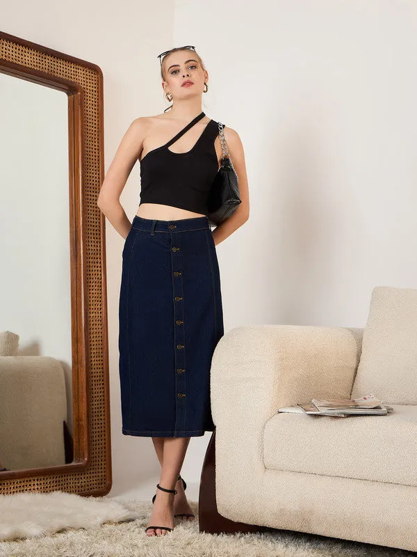 Berrylush Women Solid Navy Blue High-Rise Waist Denim Button-Front Straight Hem Knitted Midi Skirt