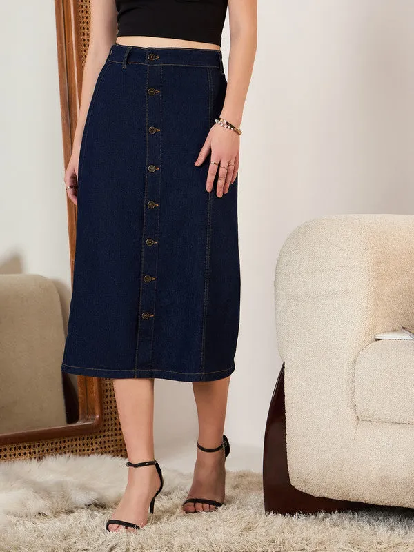 Berrylush Women Solid Navy Blue High-Rise Waist Denim Button-Front Straight Hem Knitted Midi Skirt