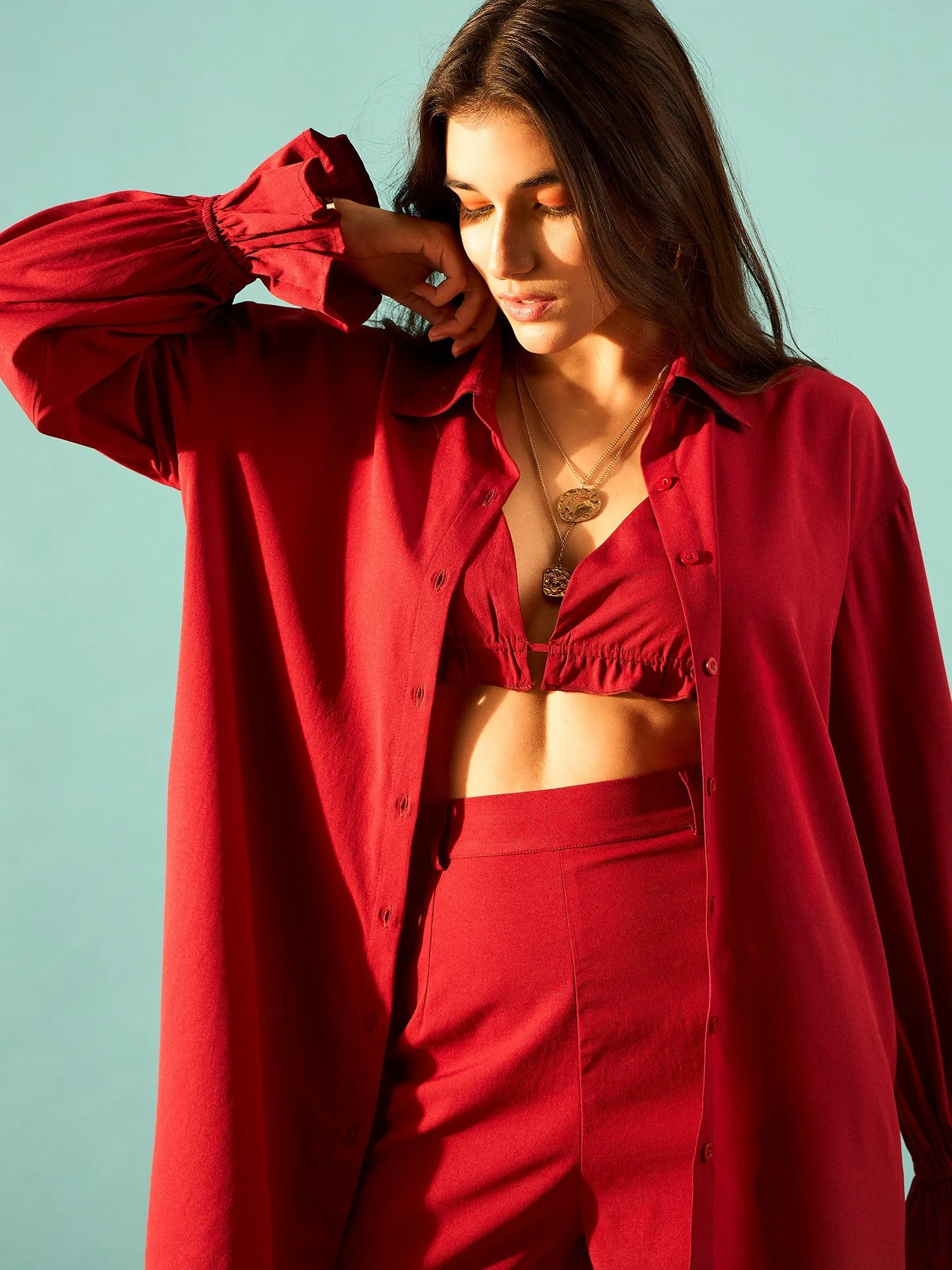 Berrylush Women Solid Red Collar Neck Button-Up High-Low Hem Longline Shirt, Halter Neck Frill Trim Crop Top, & High-Rise Waist Mini Shorts Co-Ord Set