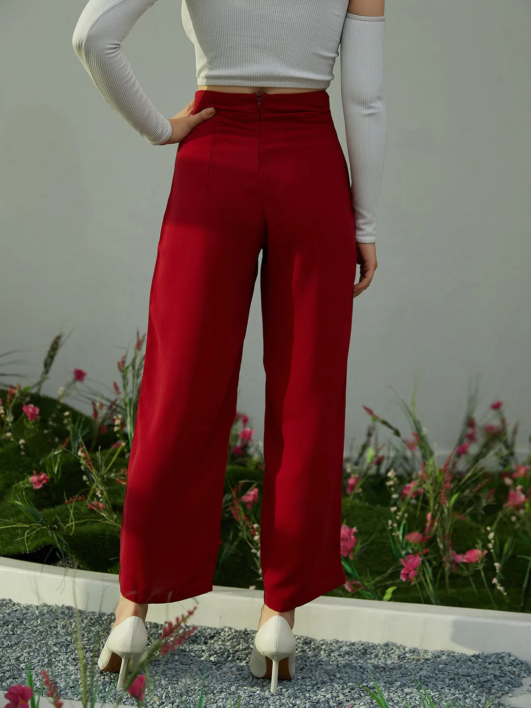 Berrylush Women Solid Red High-Rise Waist Wide-Leg Loose-Fit Slip-On Regular Pants