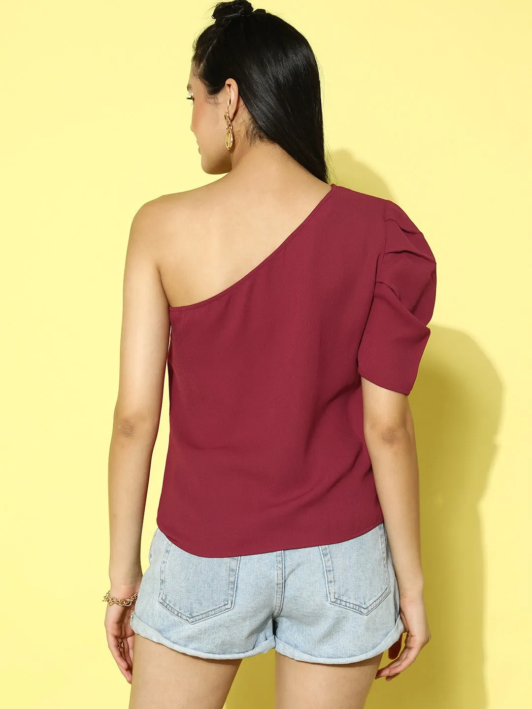 Berrylush Women Solid Red One-Shoulder Neck Puff Sleeves Slip-On Regular Top