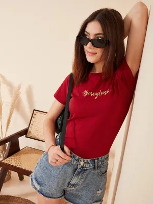 Berrylush Women Solid Red Round Neck Short Sleeves Logo Embroidered Regular T-Shirt