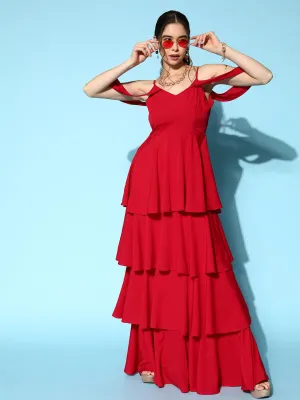 Berrylush Women Solid Red V-Neck Cold-Shoulder Flounce Hem Layered A-Line Maxi Dress