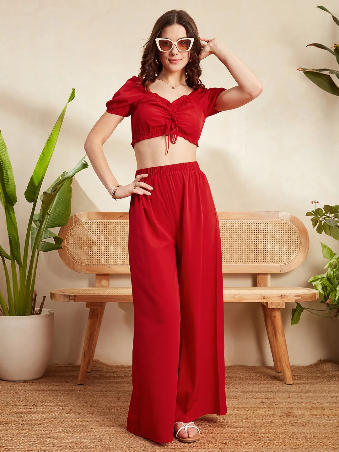 Berrylush Women Solid Red V-Neck Front Tie-Up Frilled Crop Top & Wide-Leg Pants Co-Ord Set