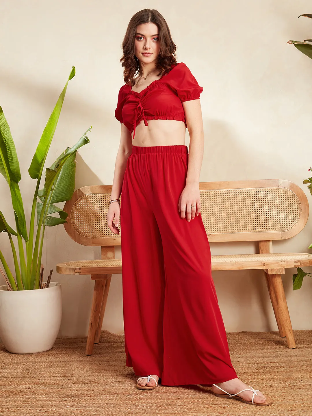 Berrylush Women Solid Red V-Neck Front Tie-Up Frilled Crop Top & Wide-Leg Pants Co-Ord Set