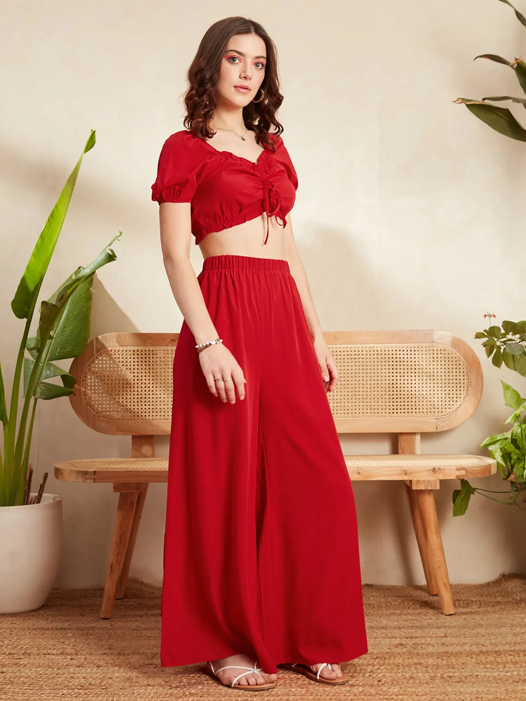 Berrylush Women Solid Red V-Neck Front Tie-Up Frilled Crop Top & Wide-Leg Pants Co-Ord Set