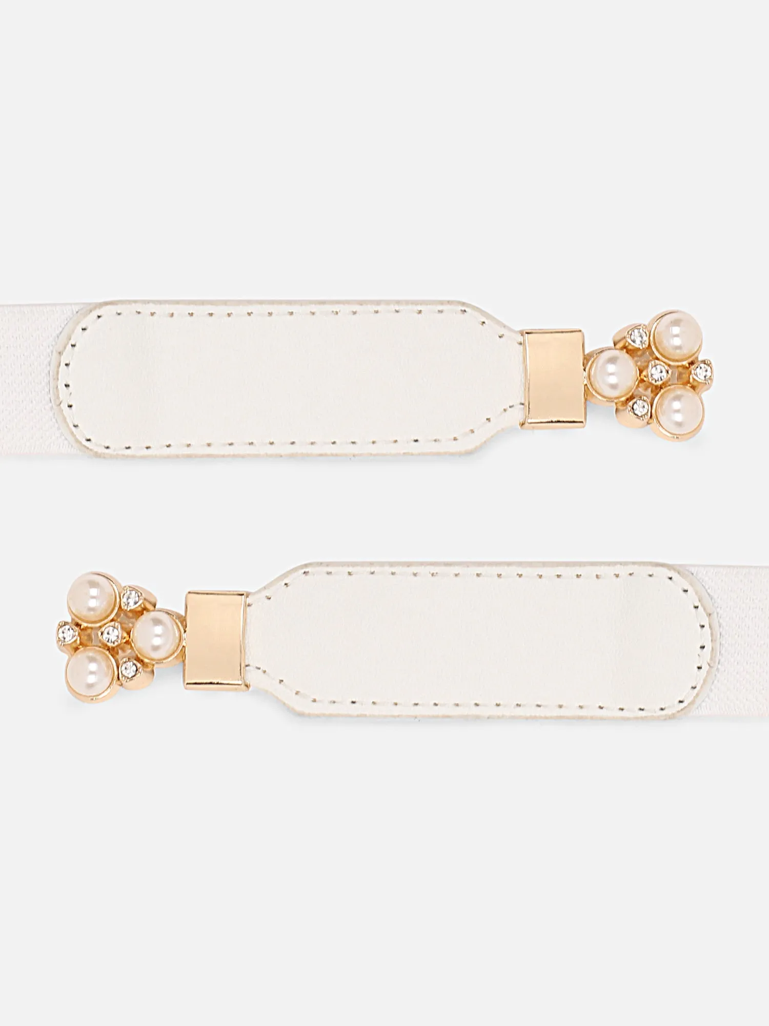 Berrylush Women Solid White Pearl Studded Golden Studded PU Nylon Interlock Regular Slim Belt