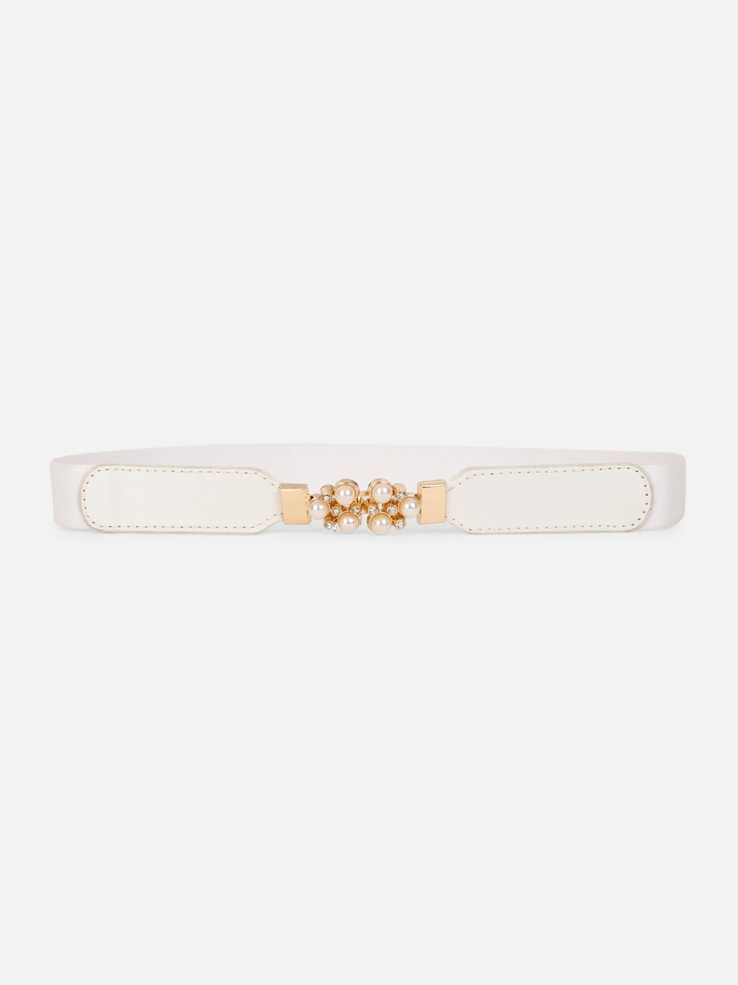 Berrylush Women Solid White Pearl Studded Golden Studded PU Nylon Interlock Regular Slim Belt