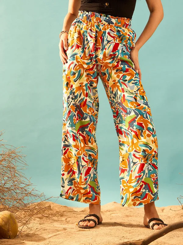 Berrylush Women White & Multicolour Abstract Printed High-Rise Elastic Waist Slip-On Pleated Regular Parallel Trousers