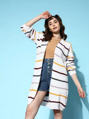 Berrylush Women White & Multicolour Striped Pattern V-Neck Drop-Shoulder Sleeve Open-Front Ribbed Hem Longline Cardigan