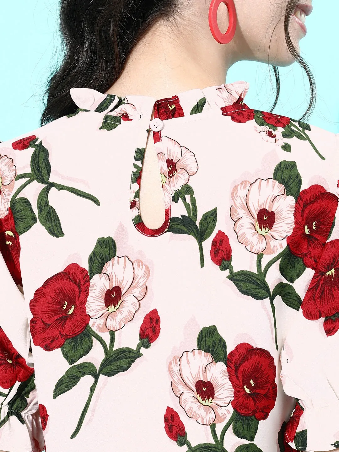 Berrylush Women White & Red Floral Printed Mandarin Collar Pleated Top