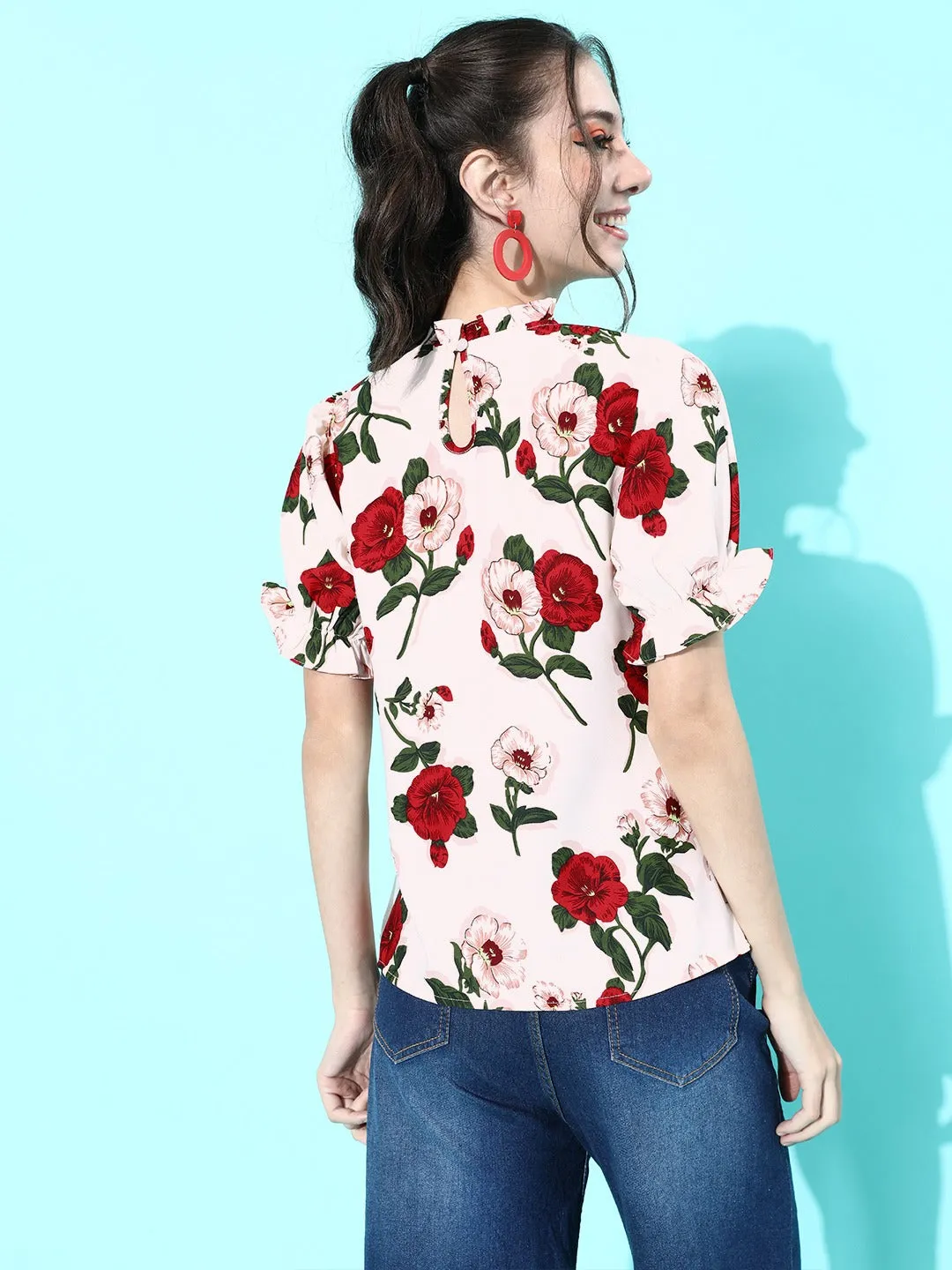 Berrylush Women White & Red Floral Printed Mandarin Collar Pleated Top