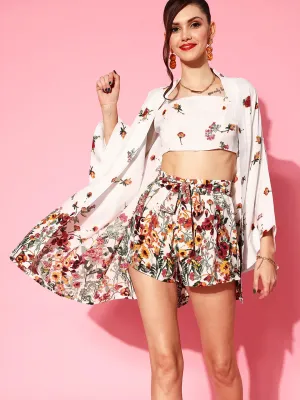 Berrylush Women White & Red Floral Printed Square Neck Crop Top & Tie-Up Front Shorts With Shrug