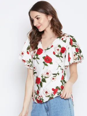 Berrylush Women White & Red Floral Printed Waist Tie-Up Wrap Top