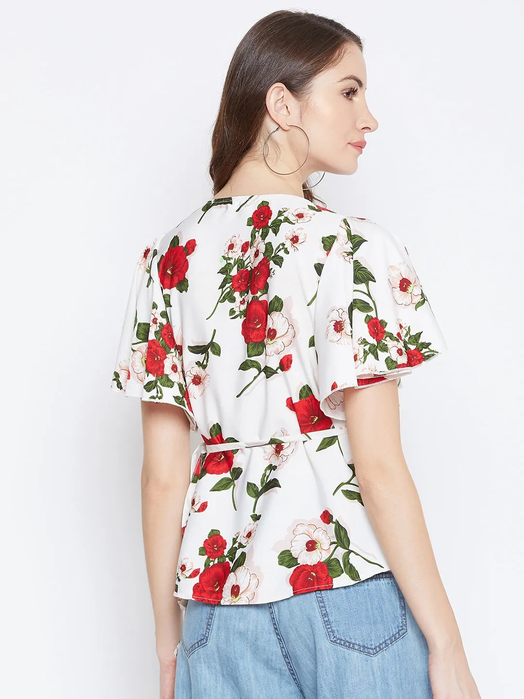 Berrylush Women White & Red Floral Printed Waist Tie-Up Wrap Top