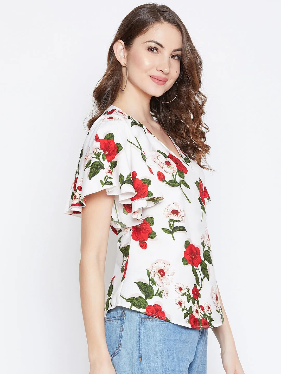 Berrylush Women White & Red Floral Printed Waist Tie-Up Wrap Top