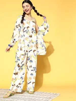 Berrylush Women White Butterfly Printed Two-Piece Night Suit